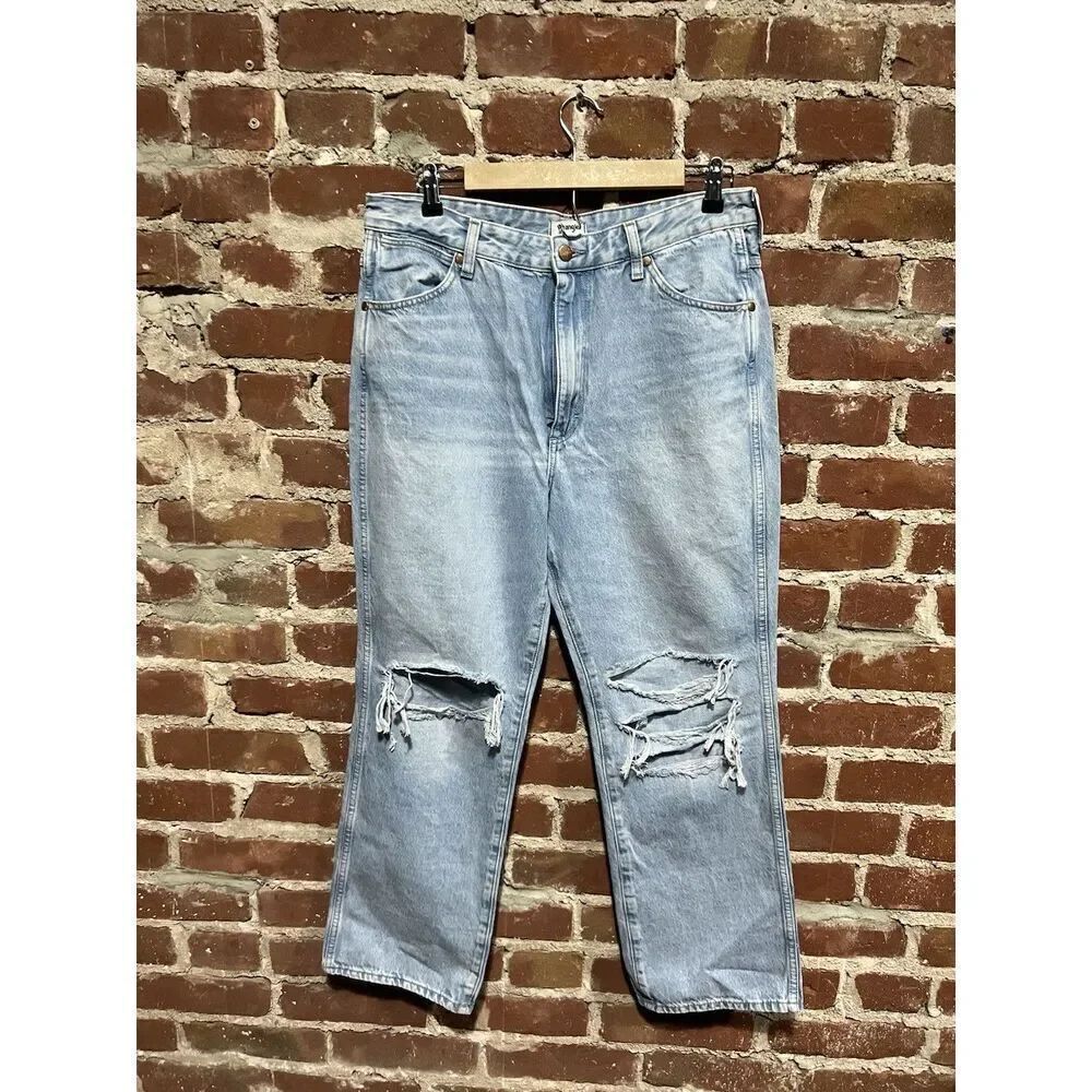 Wrangler Mens Blue Denim Straight Leg Distressed Jeans Size 31 x 28